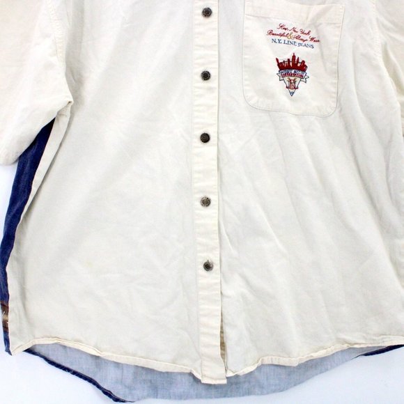 Vintage NY Line Shirt Mens Beige Short Sleeve Button Down Collared Cotton Small - Picture 5 of 9